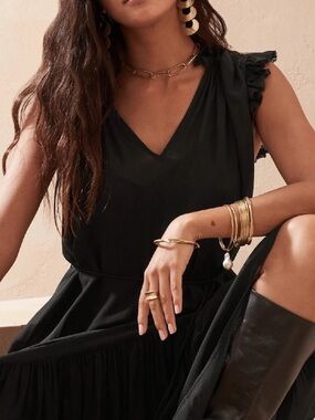 Banana Republic Black Ruffled Neck‎ Maxi Sheer Dress/No Slip.  Large Tall. NWT